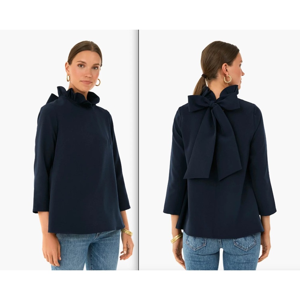Tuckernuck Pomander Place Faye Blouse Womens Large Navy Ruffle Neck Bow Back